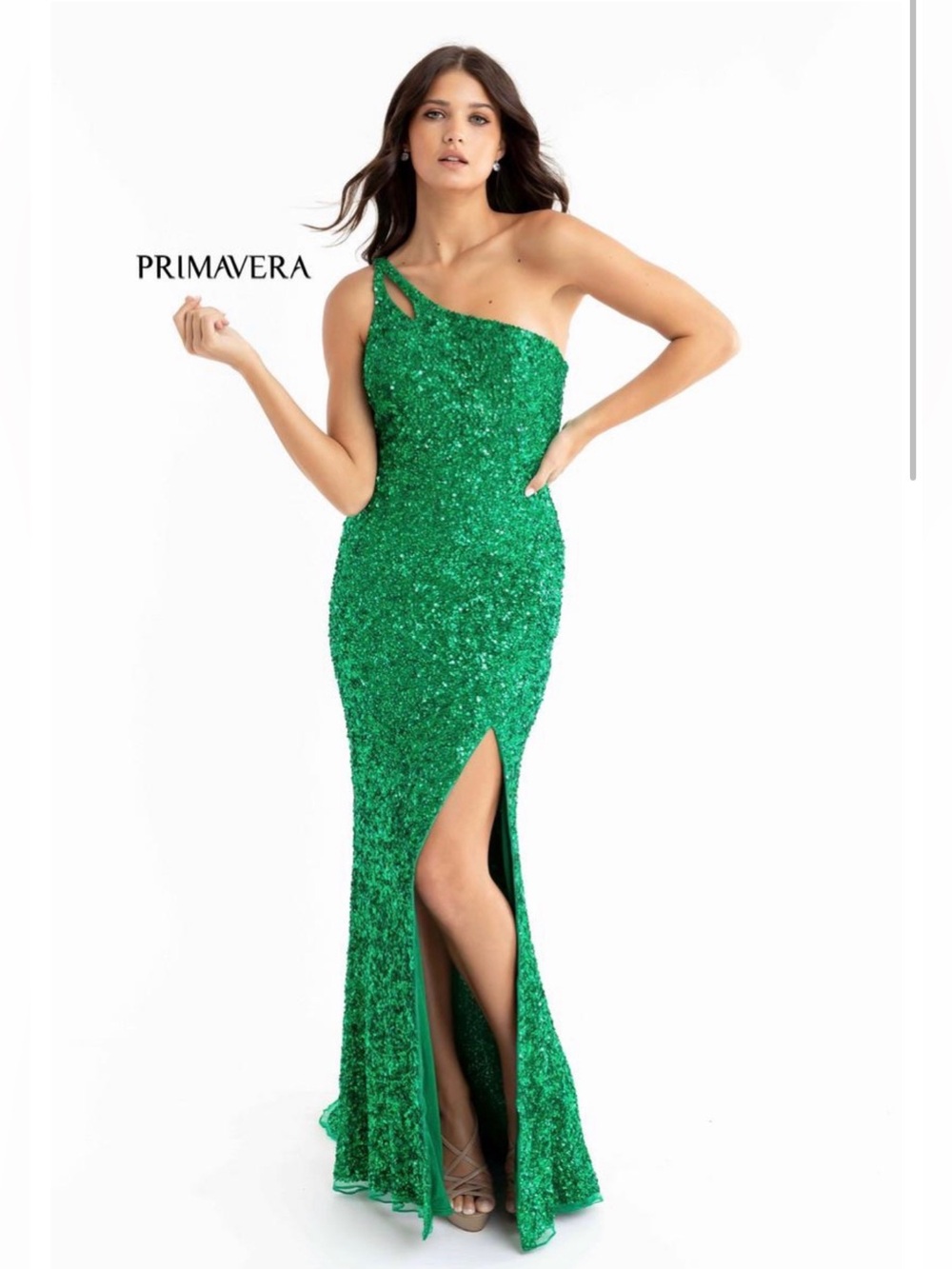 Primavera Couture one shoulder sequin gown size 0 in emerald green NWT
